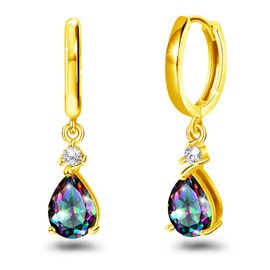 Hoop Earrings with Dangle Charm for Women 14K Gold Plated Sterling Silver Small Mystic Rainbow Topaz Earrings CZ Quartz Teardrop Dangle Multicolor Pear Huggie Earrings Gift for Daughter Birthday
