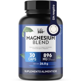 LIFE 360+ Magnesium Blend | 30 Cápsulas por envase | Colágeno Hidrolizado, Inulina de Agave, Citrato, Gluconato, Óxido y Glicinato de Magnesio | Suplemento Alimenticio 1 cápsula por porción