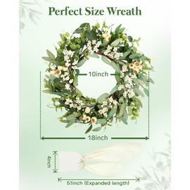 DDHS 19'' Eucalyptus Wreaths for Front Door,Artificial Spring Summer Door Wreath with Plaid Bow Green Leaves and Berries, Door Wreaths for Front Door Outside All Season for Home Decor