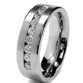 8 MM Men's Titanium Ring Wedding Band with 9 Large Channel Set Cubic Zirconia CZ Size 10.5