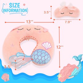 Sexysamba Travel Pillow for Kids Adults with Sleep Eye Mask Cute Cartoon U Shaped Memory Foam Neck Pillows for Travel Head Rest & Neck Support for Airplane, Car, Office Sleeping, Pink Mermaid