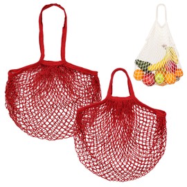 M METERXITY 2-Pack Cotton Mesh Bag, Reusable Washable Mesh Net String Grocery Bags, Reusable Produce Bags with Handle, Net Tote Bag for Fruits/Vegetables Shopping [Red, Long&Short Handle]