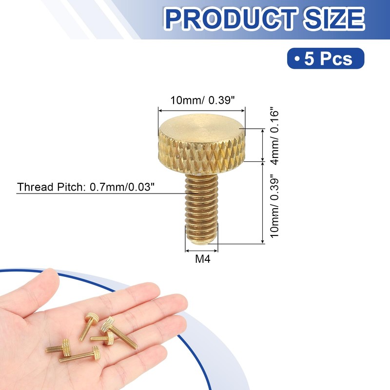 sourcing map 5Pcs M4x10mm Brass Knurled Thumb Screws, Flat Grip