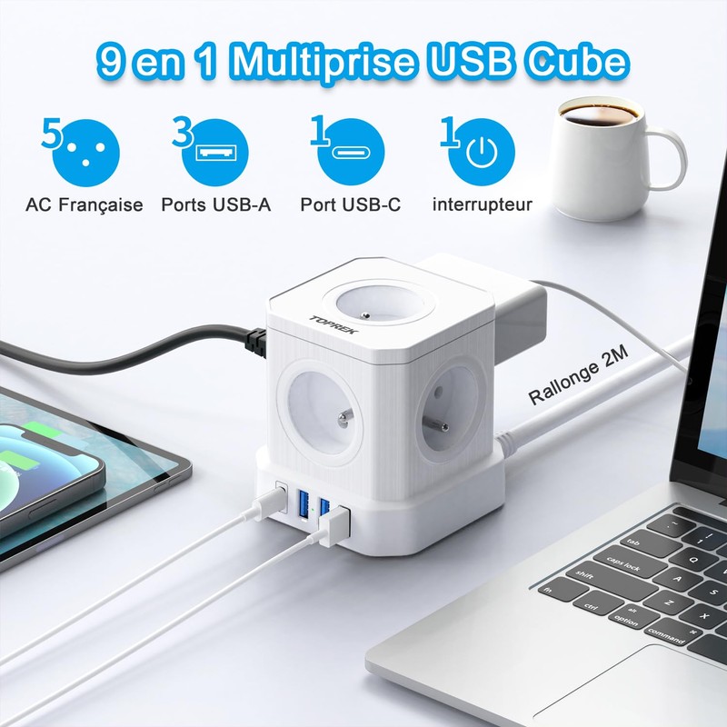 Multiprise USB Cube, TOPREK Cube Rallonge Multiprise 2M Avec 5