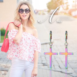 Flongo Men's Creole Earrings Stainless Steel Silver Black Rose Gold Blue Colourful Stud with Chain Cross Pendant Vintage Men Women, Stainless Steel, Colourful