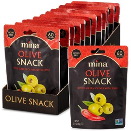 Mina Olive Snack Packs, Pitted Green Olives with Chili, 2.11oz (Pack of 12) Healthy Snack Olives, Green Olives Pitted, Keto Snacks, Vegan, Gluten Free Travel Snacks, All Natural, 60 Calories per Pack