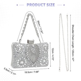 uxcell Evening Bags for Women, Sparkly Crystal Clutch Purse with Rhinestone Chain Handbags for Wedding Party Evening Weekend, Silver