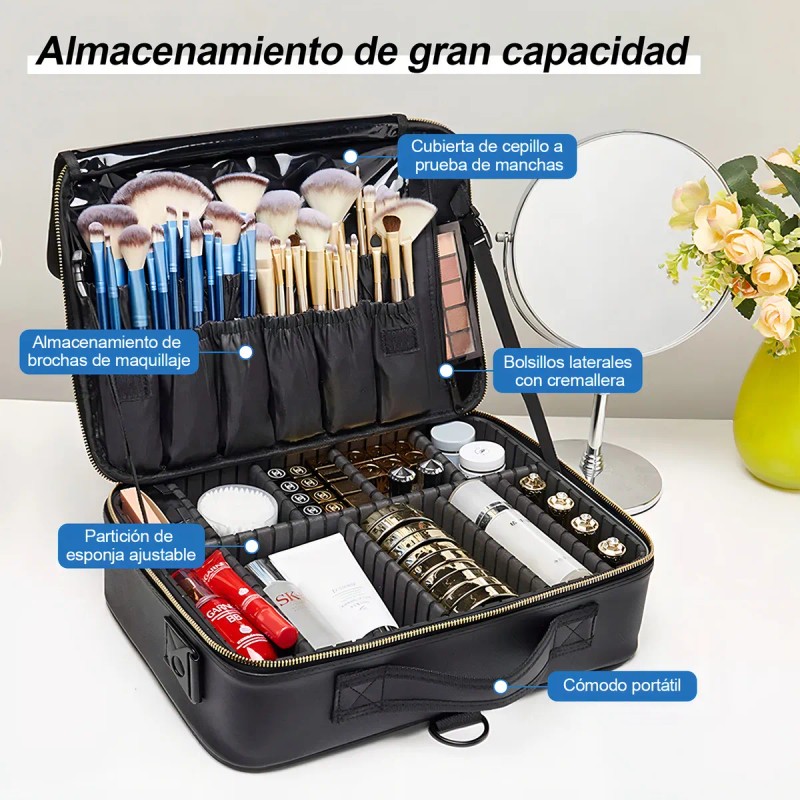 Maletín Maquillaje Cosmetiquera Con Divisor Ajustable Viaje Color Negro