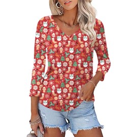 KTILG Christmas Tops for Women 2024 Dressy 3/4 Sleeve Shirts Vneck Tshirt Soft Red Christmas Print Winter 2024 M