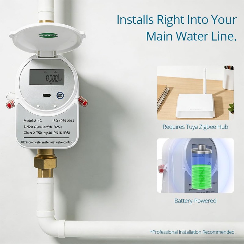 Zigbee Smart Water Meter with Shutoff Valve & LCD Display