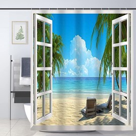 JOOCAR Design Shower Curtain, Palm Tree Decor Ocean Beach Seascape Through White Wooden Windows Summer Scene Tropical Island Blue Green, Waterproof Cloth Fabric Bathroom Decor Set with Hooks