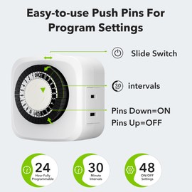 HBN Indoor Timers Plug Mechanical 2 Prong 24-Hour Mini Lamp Timers 2 Pack, for Electrical Outlets, Fish Tank, Fans, LED Lights