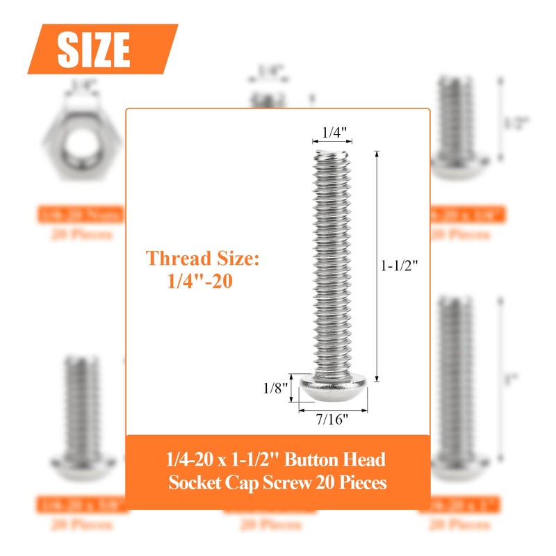 20 Pieces 1/4-20 x 1-1/2" Button Head Socket Cap Screws