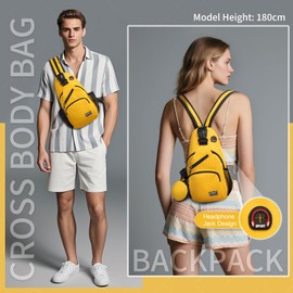 SUIKIHUM Convertible Sling Bag with Coin Pocket, 11" Tablet Crossbody Mini Backpack with Headphone Jack Casual Pack for Women Men Travel, Yellow