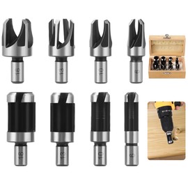JUSTDOLIFE 8 Pcs Wood Plug Cutters, 1/4, 3/8, 1/2, 5/8 Drill Bit Set with Wooden Box, Straight and Tapered Cutting Tools for Woodworking, Carbon Steel Cork Drill Bit Kit