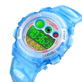 Dayllon Kids Digital Watch,Boys Digital Outdoor Sport Waterproof Watch,with Calendar 12/24H Alarm 7 Colorful Backlight Stopwatch Wristwatch for 3-15 Years Old-Transparent Light Blue