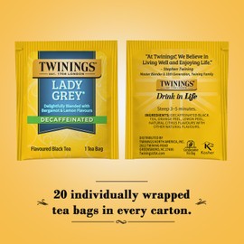 Twinings Tea Lady Grey Decaffeinated Tea - Delicate Citrusy Flavor and Uplifting Aroma, Decaf Black Tea Bags Individually Wrapped, 20 Count
