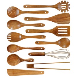 Unokit Unokit Wooden Utensil Set - 12 PCS Natural Teak Wood Kitchen Utensils Set with Wooden Spoons for Cooking and Spatula, Non-Scratch Nonstick Safe, Heat Resistant for All Cookware