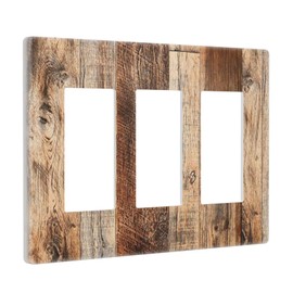 Vintage Kitchen Brown Wood Plank Print 3-Gang Decorator Wall Plate Rustic Distressed Farm Country Decorative Screwless Triple Rocker Device Light Receptacle GFCI Outlet Switch Faceplate Cover Dimmer