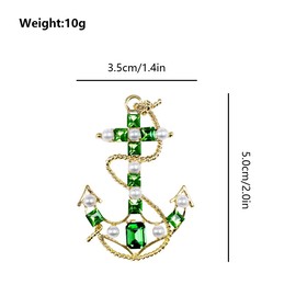 FAIRYGATE Brooches Baroque Anchor Brooch Pin Pearl Green Rhinestone Fashion Nautical Cross Anchor Corsage Decoration Lapel Pins Elegant Personality Clothing Jewelry Alloy B2329