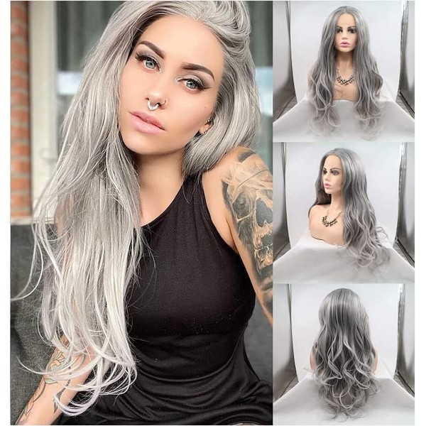 Ombre Light Grey Synthetic Lace Front Wigs Friendly Safety Long Synthetic Hair Pastel Grey Wigs for Women Cosplay Makeup Party Travel Wig 24 Inch (Ombre Light Gray)