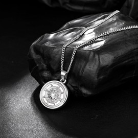 murtoo Men's Necklace, Necklace with Compass Pendant for Men, Vintage Silver Coin Pendant for Men Women, Stainless Steel Necklace Gift Ideas for Men Women, Stainless Steel