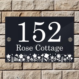 Badgemaster Modern Anthracite House Number Sign Plaque Stainless Steel Standoffs 20cm x 13cm Flower Border Bottom