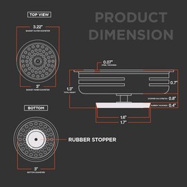 Everflow - Canastilla coladora de acero inoxidable para fregadero de cocina - Repuesto para desagües estándar (8.89 cm) - Tapón de hule de estilo universal, Sencillo