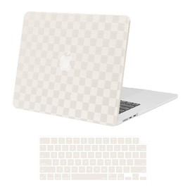MOSISO Compatible with MacBook Air 15 inch Case 2025 2024 2023 Release M4 A3241 M3 A3114 M2 A2941 Touch ID, Checker Texture Grid PU Leather Coated Plastic Hard Shell Case & Keyboard Cover, Beige