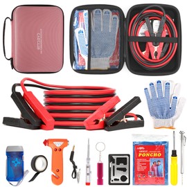 CYECTTR Car Emergency Kit,Auto Vehicle Truck Safety Emergency Road Side Assistance Kits with Jumper Cables,Safety Hammer,Pink