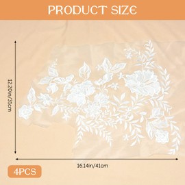 URROMA 4 Pcs Embroidery Lace, White Applique Sewing Flower Fabric Patch Motif Wedding Gown Dress Bridal DIY Crafts