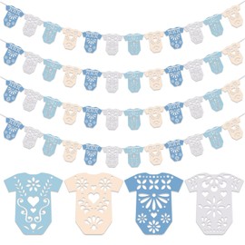 AmazingSpark 4 Set Cielito Lindo Baby Shower Garland 48 Pcs Blue Papel Picado Party Decorations Mexican Lace Baby Bodysuit Banner Card with Hanging String for Gender Neutral Party Supplies