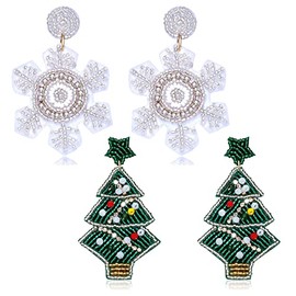 PHALIN Christmas Earrings for Women Beaded Christmas Tree Earrings Rhinestone Snowflake Reindeer Dangle Earrings Festive Holiday Earrings Costume Party Jewelry Gifts, Zinc Beads, Rhinestone