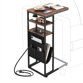 ZEXVIDA C Shaped End Table with Charging Station, 28"(H) 3-Tier C Table with Storage Bag, Slide Under Couch Table Sofa Tray Table TV Tray Sturdy C-Shaped End Table for Living Room, Bedroom, or Office