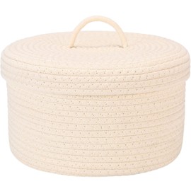 Sea Team Round Cotton Rope Storage Basket with Lid, Lidded Woven Storage Bin, Nursery Storage Container, Diaper Caddy, Baby Shower Basket, Box, Organizer, 11.8 x 11.8 x 6.7 Inches (Medium, Cream)