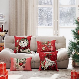 ZAEW Christmas Pillow Covers Snowman Santa Deers Christmas Bells Trees Throw Pillow Cases Set of 4 Winter Xmas Decorations for Farmhouse Home Bedroom Sofa Couch Outdoor Holiday Decor 18x18 Inch