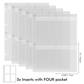 5 Pack A4 Size Plastic Binder Pockets,4 Holes Waterproof PVC Folders Loose Leaf Bag forBudgeting Loose Leaf Bags Planner Insert Pouches Photo,Document, Stamp & Die Storage Bills Organizer(4 Grid)