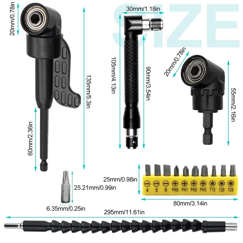 14-Piece Angle Screwdriver Set, 105° Angle Attachment for Cordless Screwdriver,