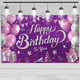 Happy Birthday Banner Purple, Happy Birthday Backdrop Purple Birthday Party Background Supplies Backdrop Props, Birthday Decorations for Men Backdrop Banner Photo Booth Sign 180×110cm