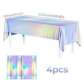 NiHome Iridescent Plastic Tablecloths 4-Pack 54.8x109.6 Inches Holographic Metallic Laser Shiny Rectangle Party Table Decorations Foil Clothes Reusable Covers for Birthday Bridal Wedding Christmas