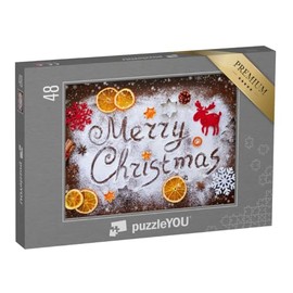 puzzleYOU: Jigsaw Puzzle 48 Piece Merry Christmas: Text from Flour with Decorations - From the Christmas Puzzle Collection