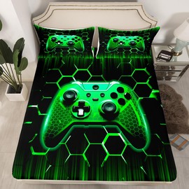 Manfei Modern Gamer Sheet Set Full Size, Green Honeycomb Gamepad Bed Sheet Set 4pcs with Deep Pocket Fitted Sheet + Flat Sheet + 2 Pillowcases, Vodeo Games Bedding Set for Kids Boys Girls Room Decor
