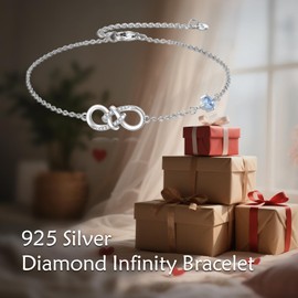 Diamond Infinity Bracelet for Women, 925 Sterling Silver Infinity Symbol Adjustable Bracelets with Lab-grown Diamonds Gifts for Her, 7+2 Inch