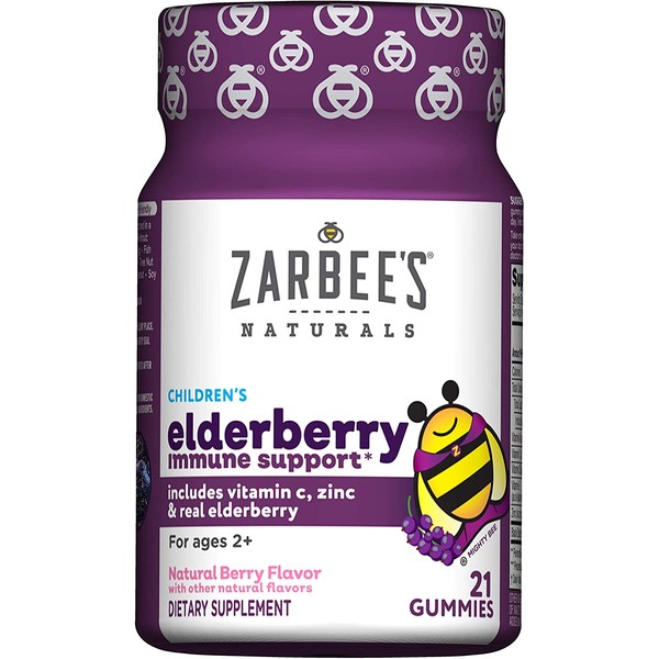 Zarbee's Naturals Children's Elderberry Immune Support* Gummies with Vitamins A, C, D, E & Zinc, Natural Berry Flavor, 21 Gummies
