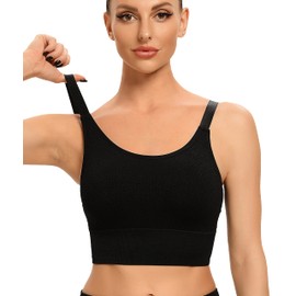 ANGOOL Sports Bra Women's Strong Hold Push Up Adjustable Shoulder Strap Sports Bustier Women's Padded Seamless Ribbed Sports Bras Without Underwire Jogging Yoga Fitness, black