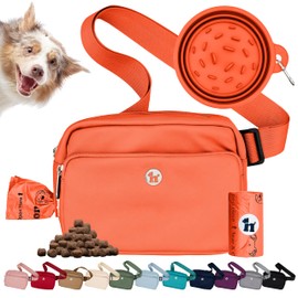 Puppington 3-in-1 Crossbody Bag & Dog Treat Pouch for Pet Training - Matching Compostable Poop Bags, Built-in Poop Bag Dispenser & Slow-Feeding Travel Dog Bowl - Dog Walking Bag (Poppy Orange)