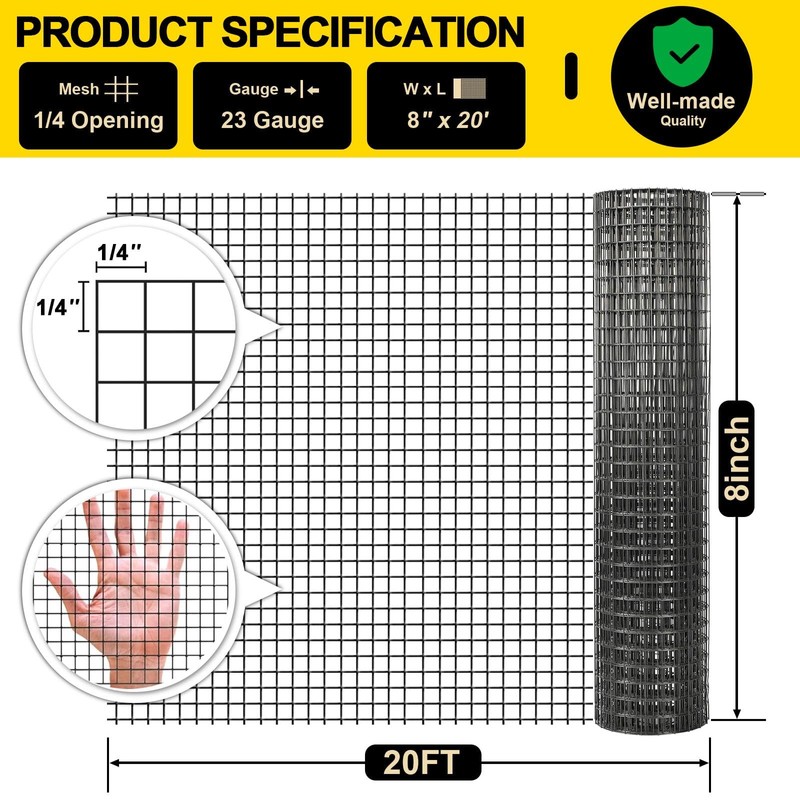 Black Hardware Cloth 8'' x 20' PVC Steel Vinyl Coated