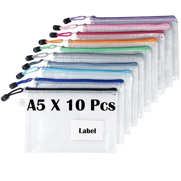 A5 Plastic Wallets Mesh Zipper Pouch with Label Pocket (Pack