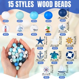 200 Pcs Ocean Theme Wood Beads for Crafts Colored Wooden Beads with Holes Blue Nautical Beads Cruise Beach Anchors Round Spacer Beads for Jewelry Making Bracelet Necklace Craft DIY Garland Home Decor