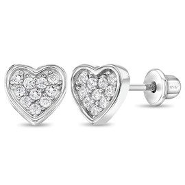 925 Sterling Silver Clear Cubic Zirconia Pave Heart Girl's Earrings with Locking Screw Backs - 7mm Sparkly Earrings for Babies, Toddlers, Young Girls & Pre Teens for all Occasions
